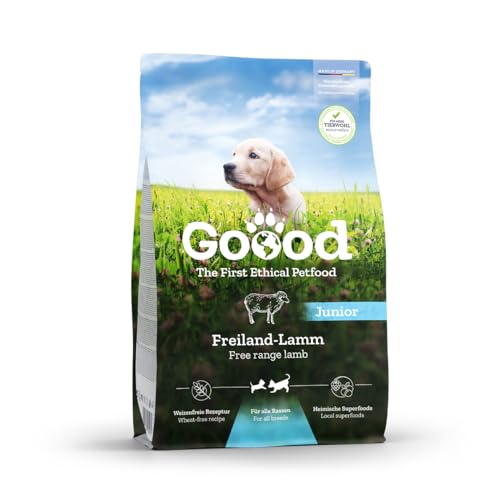 Goood Junior Freilandlamm & nachhaltige Forelle – Trockenfutter, Hundefutter – für Wachstum und Immunsystem von Junghunden – Lammfleisch und Forelle, Eiweiß und Zink – 1,8kg