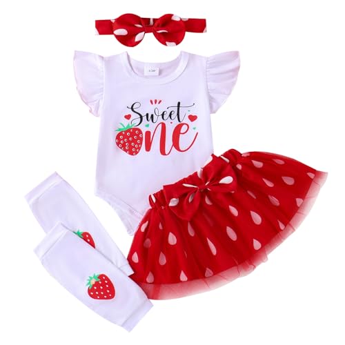 BOEBNOZCV Baby Girl Birthday Outfits Strawberry Sweet One Letter Print Romper Bodysuit+ Bowknot Tulle Skirts Dress Clothes (Strawberries Sweet Skirts,12-18 Months)