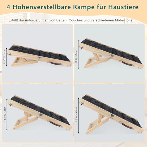 Sbayool Hunderampe für Kleine Hunde und älteren, Katzen Rampe Hundetreppe 4 Höhenverstellbare von 25CM bis 48CM mit Rutschfester Trittmatte, Hölzerne Haustierrampe Klappbar für Bett Oder Sofa