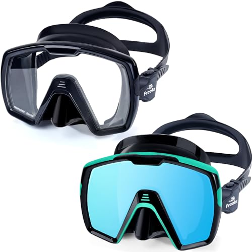 Image of Freela Adult Snorkel Diving Mask with Nose Cover, Tempered Glass Anti Fog Waterproof 180 Panoramic Wide View Scuba Free Diving Goggles for Men Women