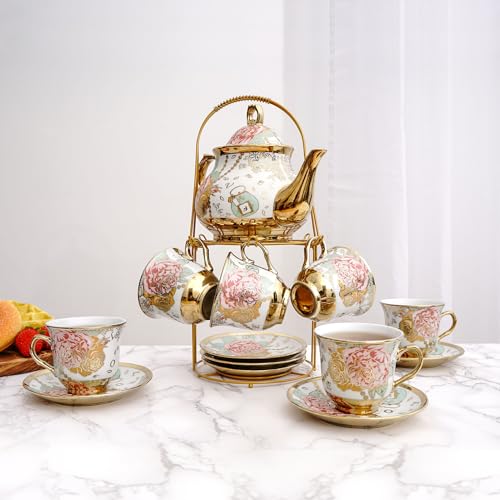 20 Pieces European Vintage Ceramic Tea Set with Metal Cup Holder, Adult Tea Set, Women's Afternoon Tea Set (golden rose, Large)