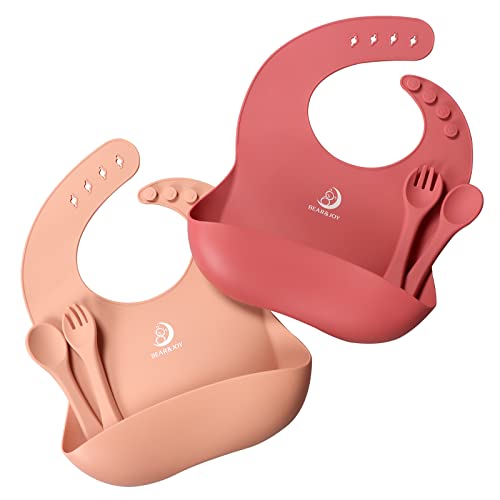 Image of Bear&Joy Silicone Bibs for Babies, Soft Adjustable Fit Waterproof Bibs, Feeding Bibs with Food Catcher Pockets for Girls Boys