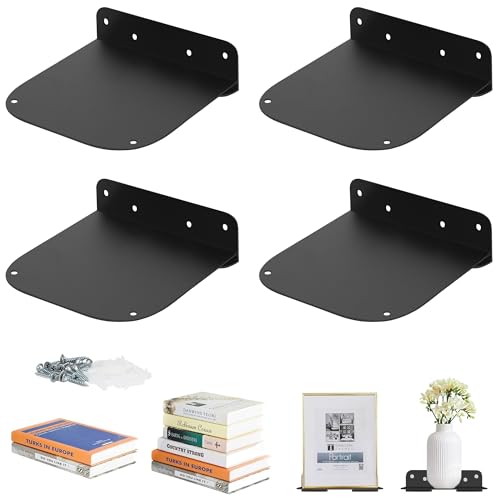 STORAGE MANIAC Floating Book Shelves for Wall Mounted Invisible Floating Bookshelves Heavy-Duty Steel Hidden Bookshelf Hanging Bookshelves for Bedroom Living Room Office, Black 4-Pack