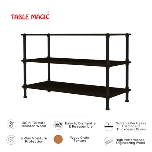Image of TABLE MAGIC Jazz Shoe Rack Wooden Organizer | 3-Tier Multipurpose Shoes Stand for Home Wooden Shelves with & Steel Frame, Space-Saving Home Organizer, D30 x W60 x H46cm - Wenge