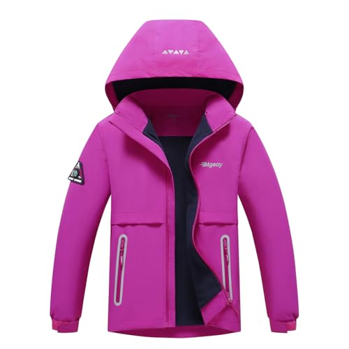 BuyiRen Boys Girls Windbreakers Jacket Rain Jackets Hooded Raincoat Fleece Lined Rain Coats for Kids Bright Plum 7-8 Years