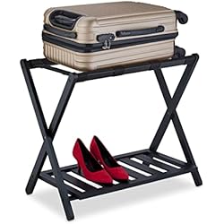 Estante Para Maletas Relaxdays Soporte Maletas Bambú, Reposamaletas Plegable, 59x68x40 cm, Taburete Equipaje Madera con Balda, Hotel, Negro, 90% 10% Nylon