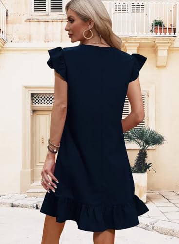 Image of QACOHU Spring Summer Dresses for Women 2026 V Neck Cap Sleeve Ruffle Hem Smock Short Casual Beach Dress