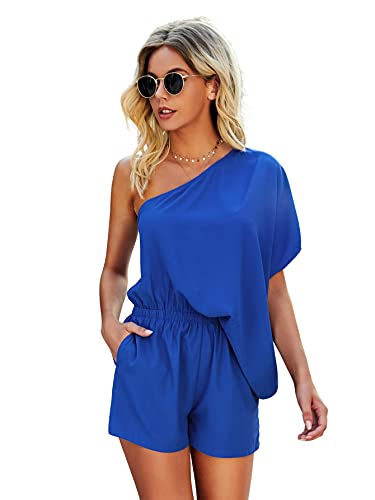 SheIn Women's One Shoulder Batwing Short Sleeve Romper High Waist Short Jumpsuit Royal Blue Large