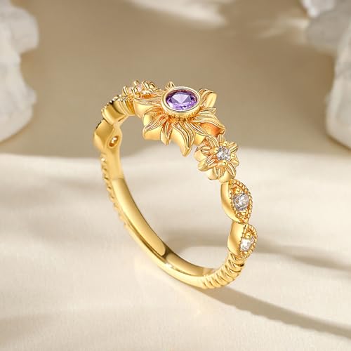 Jeulia Promise Ring for Women: Sterling Silver & Gold Plated Sunflower Ring with Purple Gemstone, Princess Valentine Wedding Gift 6