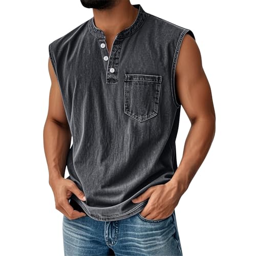 Sleeveless Henley Shirts for Men Casual Summer Workout Tank Tops Loose Fit Lightweight Muscle Vintage Shirt Mens Sleeveless T Shirts with Pockets Cotton Button Up Clothes Vacation Vest