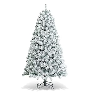 Goplus 6FT Snow Flocked Christmas Tree Hinged Pine Tree Artificial Premium PVC NeedlesSolid Metal Stand Xmas Full Tree for Indoor and Outdoor
