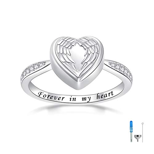 Angel Wing Heart Cremation Ring for Women - 925 Sterling Silver Holds Loved Ones Ashes Rings for Pet Human Ash