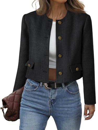 Image of Cicy Bell Womens Cropped Tweed Blazer Collarless Button Down Long Sleeve Short Suit Jackets Business Casual Fall Coats Black
