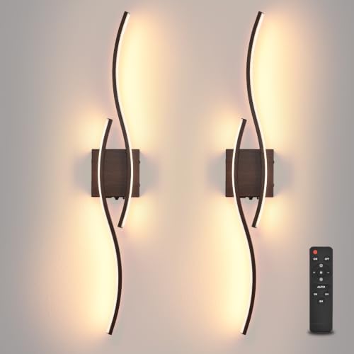 Image of Battery Powered Wall Sconces Set of 2, Walnut 39.4 inch LED Dimmable Wall Sconce with Remote Control /Timer /Memory, USB Rechargeable Wall Lights for Living Room Bedroom Hallway