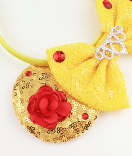 Mouse Ears Headband with Beauty Red Rose, Princess Belle Ears Headbands for Halloween Costume, Princess Party Headwear Hair Accessories for Women - Red Rose 6