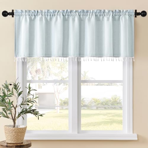 Home Queen Boho Striped Linen Window Curtain Valance with Tassel for Kitchen Bedroom Bathroom Farmhouse Curtain Valence Light Filtering Curtain Topper, 54W x 18L, Blue Gray