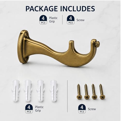 Image of Elite Aluminum Curtain Rod Brackets - Heavy-Duty Wall Mount Clamps for Curtain Rod Support for Door and Window Curtain Rods with Screw and Wall Plug - Pack of 2PCS (Royal Antique Brass)