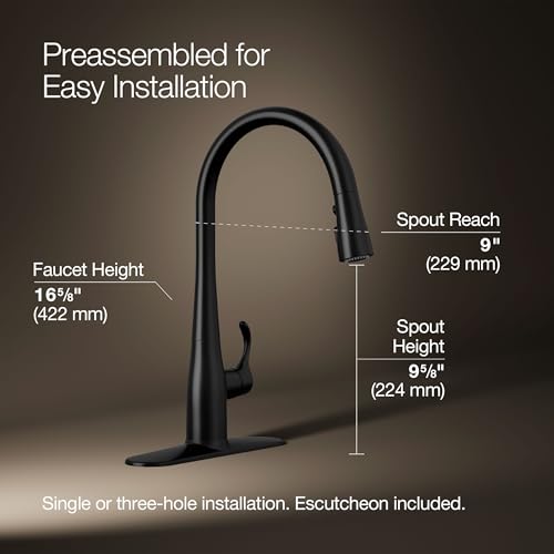 Image of KOHLER 596-BL Simplice Kitchen Sink Faucets with Pull Down Sprayer, 3-Spray Design, Matte Black Kitchen Faucets, High Arch