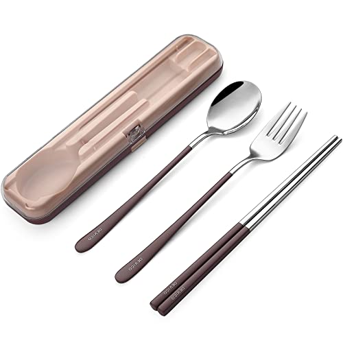 Couverts de voyage réutilisables DEVICO en acier 18/8 avec étui marron - 2