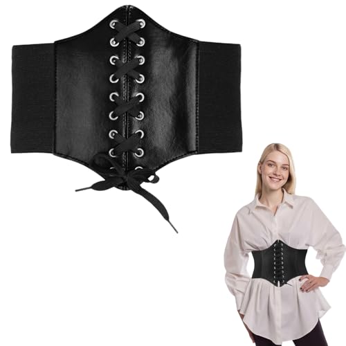 Cinturón Corsé | Corsé Pirata | Corpiño Elástico Ancho de Imitación Cuero, Estilo Gótico Retro para Disfraces, Cosplay, Catwoman, Fiesta y Halloween (Negro)