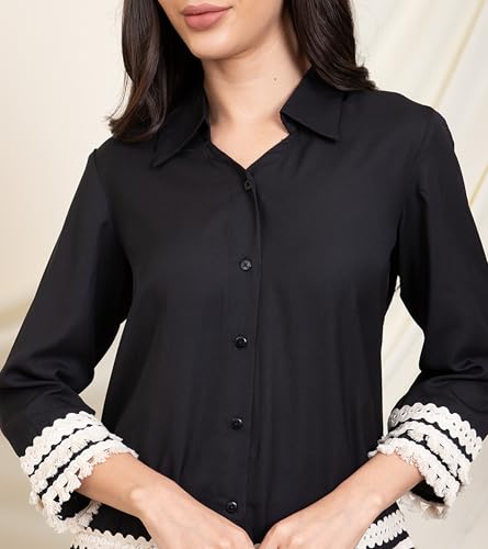 Image of DEEBACO Women's Solid Summer Cool Ankle Length Shirt with Palazzo|Shirt Collar|Cord Set for Women Fashion|Long Jumpsuits Western Dress for Women Stylish|Two Piece Co ord Set|Party Casual Wear(Black)