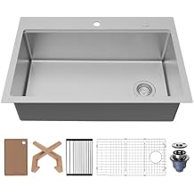 Karran Fusion 33 x 22 Top Mount Drop-In Workstation Replacement Kitchen Sink, Single Bowl, 16 Gauge T304 Stainless Steel with Integrated Ledge and Accessories