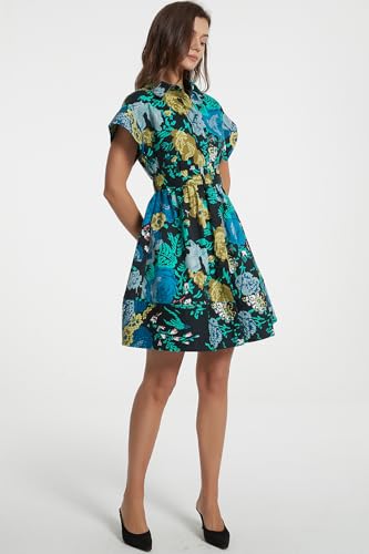 D-Sun Women Button Down Shirt Dress V-Neck Floral Printed Short Sleeve Mini Dress Casual Belted Short Party with Pocket3