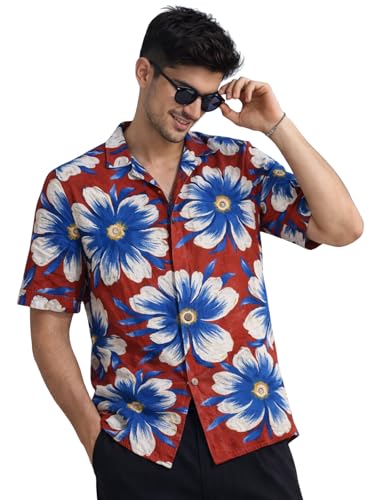 Image of Veirdo Men's Printed Camp Collar Shirt, Oversized Fit, Short Sleeve Casual Resort Wear, Button-Down Summer Shirt for Men, Cotton Fabric (Sizes S to 2XL)