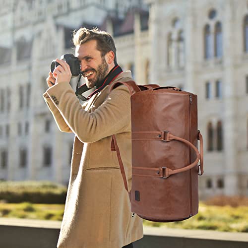 Image of Carry On Garment Backpack, Waterproof Mens Garment Bag for Travel Business, Leather Duffel Bag with Shoe Compartment -Brown