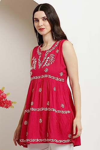 Image of FAWOMENT Women's Ethnic Fashionable Stylish Rayon Sleeveless 2 Layer Short Top With Fine Hand Embroidered Chikankari