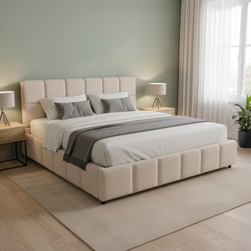 Juskys Polsterbett Florenz 180 x 200 cm – Bouclé, modernes Bett mit Kopf- & Fußteil, stabilem Holz- & Metallrahmen, Lattenrost, 500 kg Tragkraft – Beige