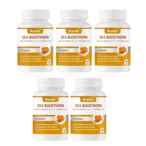 Image of Sushain Sea Buckthorn Capsules | Omega 3, Omega 6, Omega 7, Omega 9 + Natural Vitamin C | Liver, Heart & Skin Health | Immunity & Antioxidant Support | Ayurvedic Supplement (Pack-5)