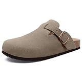 Beslip Wildleder Clog für Damen Weiches Kork Fußbett Leder Pantoletten Komfort Kartoffel Schuhe mit Arch Support, Dunkelgrau Frauen Größe 39 EU