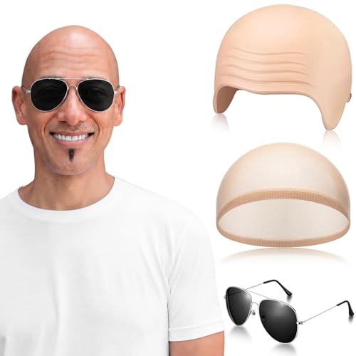 Thiccywoov 3 Pcs Bald Cap with Sunglass Set Makeup Bald Wig Cap Halloween Cosplay Party Costume Accessories for Men Women Adults