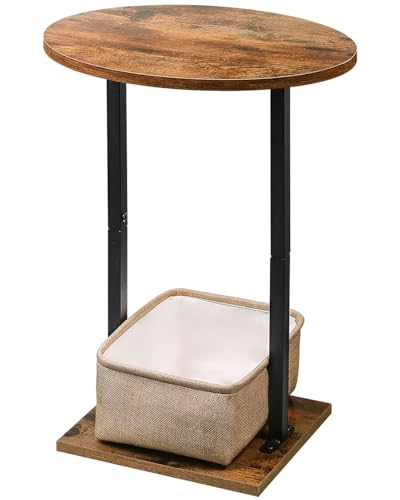 Eufrozy Beistelltisch für Couch, Kleiner Couchtisch Rund Modern mit Stoffkorb, 61cm Hoher Klein Nachttisch Holz mit Metallgestell für Wohnzimmer Schlafzimmer Balkon Terrasse, Vintagebraun-Schwarz