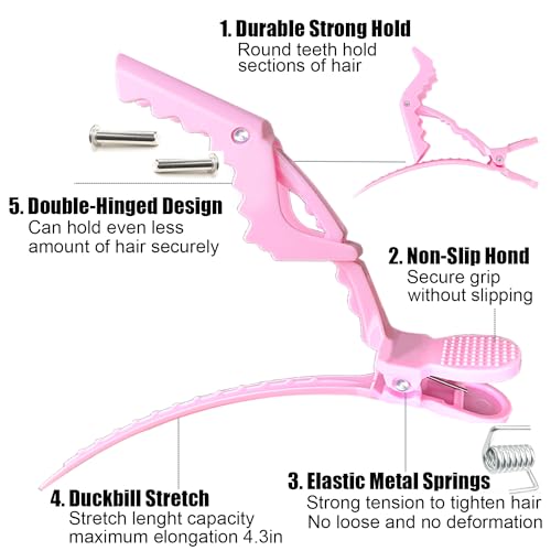 100 Pzas Pinzas Cocodrilo para Peinado - Clips para Cabello Grueso, Plástico, Diseño Doble Bisagra (Rosa) miniatura 2