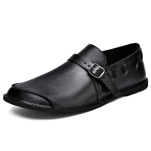 Men's Leather Slip On Flat Loafer,Casual Lightweight Soft Sole Driving Penny Shoes Adjustable Buckle Hand-Made Dress Shoes2