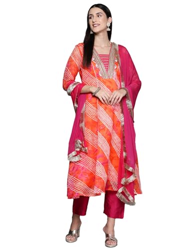 Image of Varanga Women Anarkali Kurta Pant Set with Dupatta | Cotton Blend | V-Neck | 3 /4 Sleeve | Calf Length |Casual Wear
