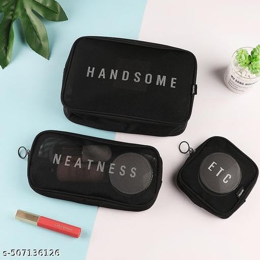 (ONLY POUCHES) Travel Nylon Mesh Makeup Bags Set 3 Pieces See Through Zipper Pouch Travel Cosmetic And Toiletry Kit Organizer Bag 3 Pack Of S M L 3-in-1-mkup-nvyblu-09-14 SB-P9299 4