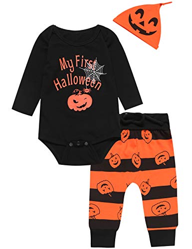 Image of bakjuno Baby Boy My First Halloween Outfit Pumpkin Long Sleeve Pants Set(0-3 Months) Black