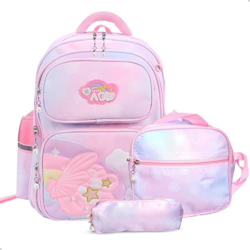 Kit Mochila Escolar Delicada Concha Fofinha + Lancheira e Estojo Infantil (Rosa)