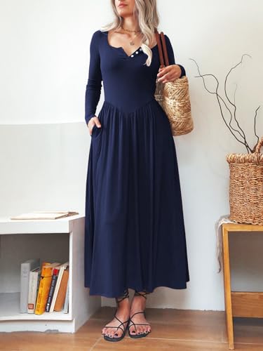 Image of Mieazom Long Sleeves Maxi Dress for Women A Line 2025 V Neck Casual Button Boho Tshirt Long Dress with Pockets