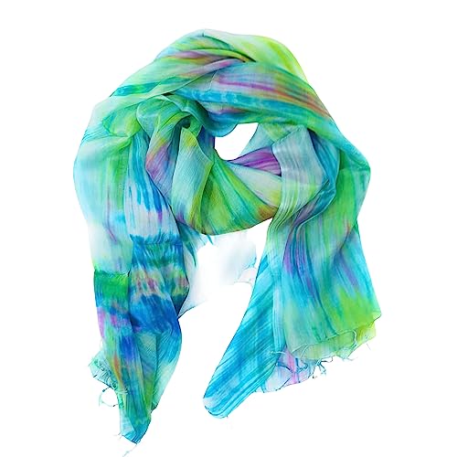 Millie & Boo Hand Painted Mulberry Silk Scarf Blue Green 67 x 29 inch with Gift Box - Perfect Birthday Gifts for Women, Holiday Essentials, Thoughtful Gifts for Women