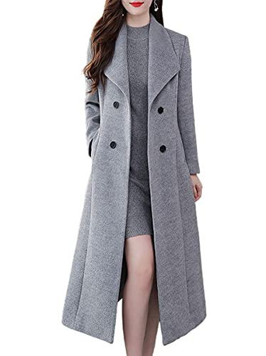 La mejor comparación de Abrigos para Mujer - los preferidos. 41 ebossy Abrigo largo de lana para mujer con cuello de doble botonadura por debajo de la rodilla, gris, M