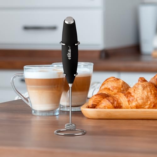 Image of ElitaPro Powerful Milk Frother Wand - Handheld Coffee Frother - Mini Foam Maker With Stand - Whisk Drink Mixer & Foamer for Coffee, Latte, Cappuccino, Frappe, Matcha, Hot Chocolate (Black)