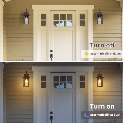 Image of Dusk to Dawn Outdoor Wall Light Fixtures,14'' Outdoor Porch Sconces Lighting , Waterproof Wall Lanterns with E26 Sockets & Glass Shades, Modern Oil Rubbed Bronze Outside Lights for Front Door Entryway