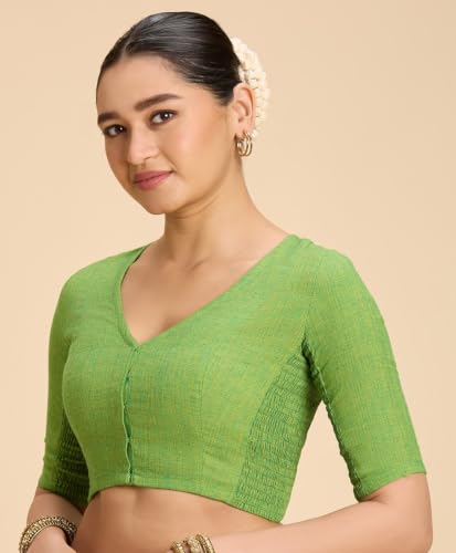 Image of Studio Shringaar Women's Thick Handloom Cotton Plain Side Stretch (Smocked) Readymade Saree Blouse
