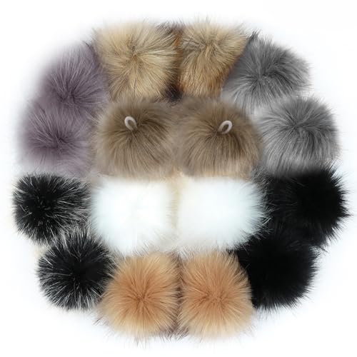 16 pièces Pompon en Fausse Fourrure, 10cm Pompon pour Bonnet, Pom...