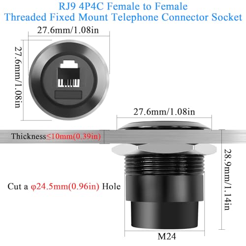 QIANRENON RJ9 Gewinde Feste Montage Telefonleitung Socket Adapter RJ9 4P4C Buchse auf Buchse Bulkhead Mount Telefonhörer Anschluss Extender, 7,5mm Schmal, für Erweiterung RJ-9 Telefon Port