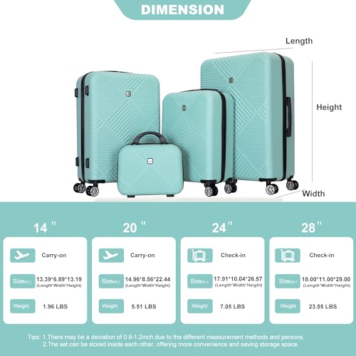 4-Piece ABS Lightweight Suitcase Set, 14 Inch Makeup Box, Aircraft Wheels (14/20/24/28) Light Blue4